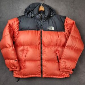 The North Face Nuptse 700 Fill Down Puffer Jacket Men XL Orange Black Hooded Y2K